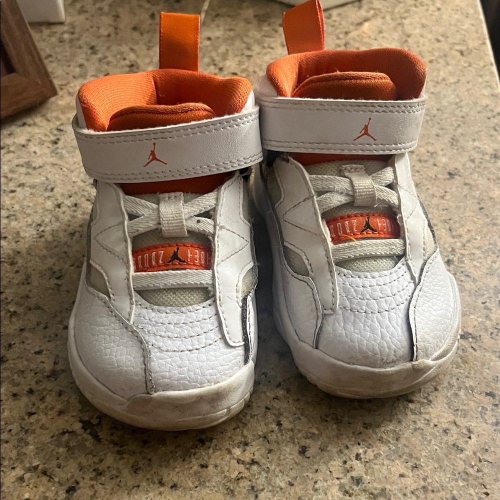 Kids White and Orange Jordans